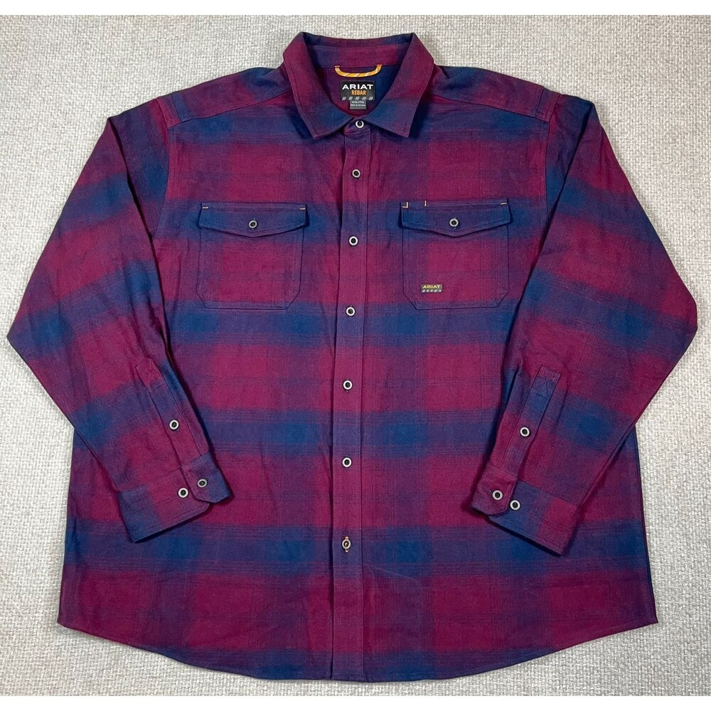 Ariat Rebar Heavy Flannel Shirt Men's XXL Red Blue Plaid Long Sleeve Workwear